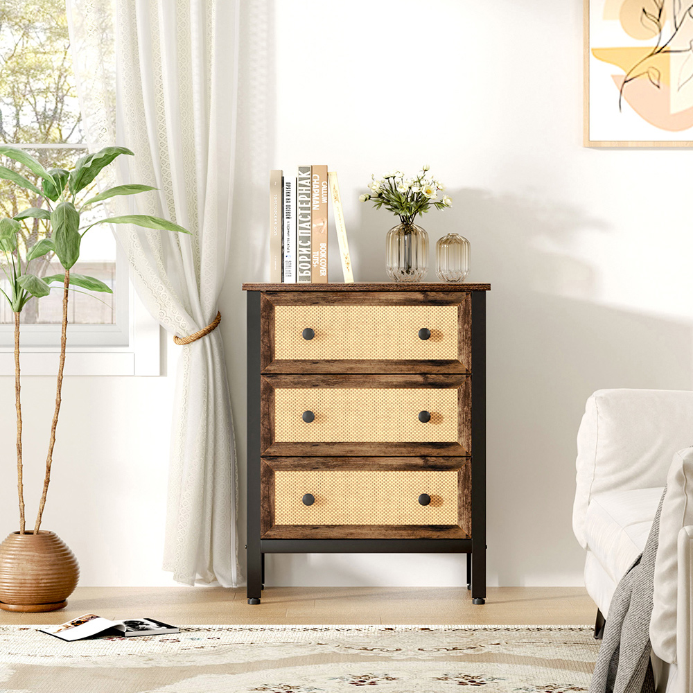 H&O Direct 3 Drawer Rattan Detailing Rustic Cabinet Image 5