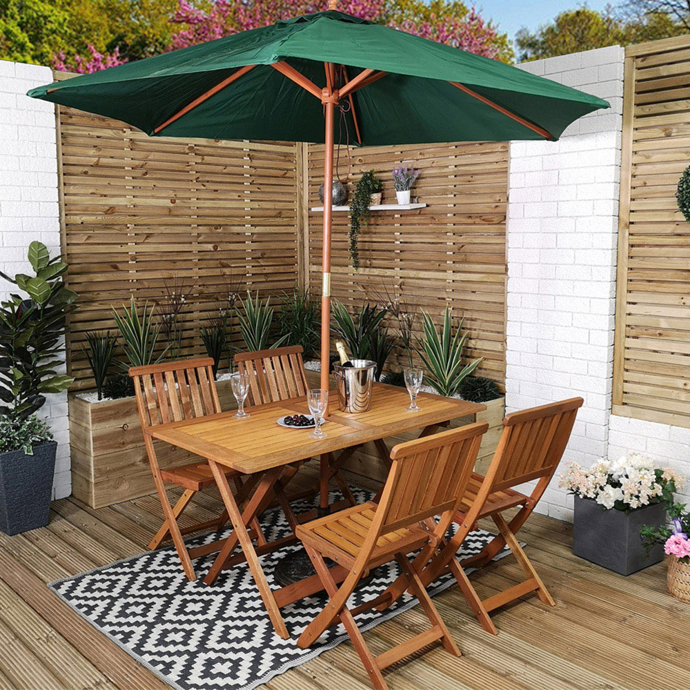 Samuel Alexander Wooden 4 Seater Folding Rectangular Garden Dining Set with Green Parasol Image 1