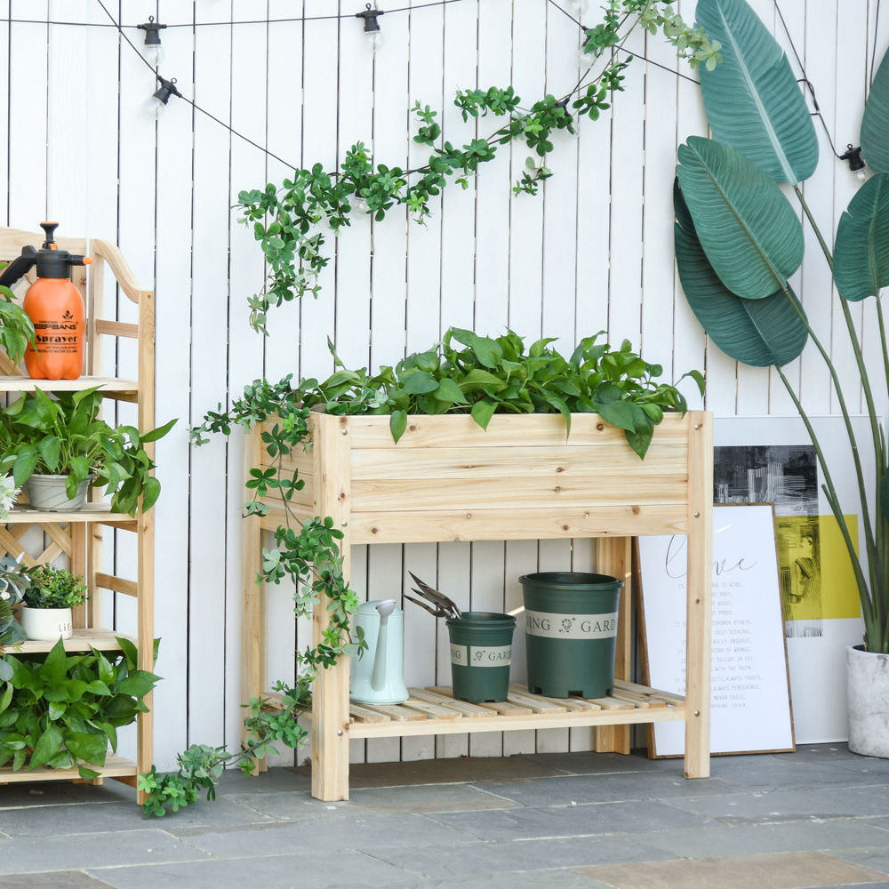 Outsunny Wooden Raised Planter Bed with Shelf 84 x 40 x 100cm Image 2