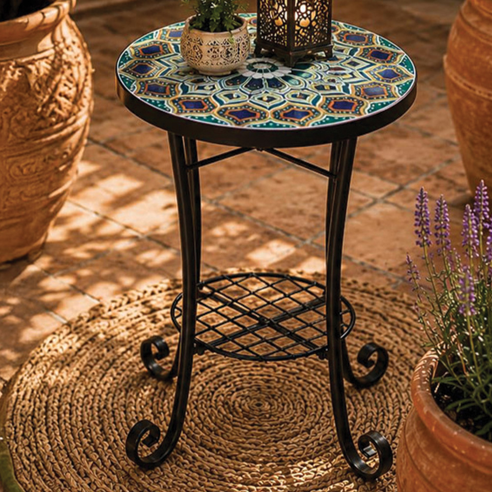 Shatchi Casablanca 2-in-1 Single Shelf Mosaic Ceramic Tile Top Plant Stand Side Table Image 1