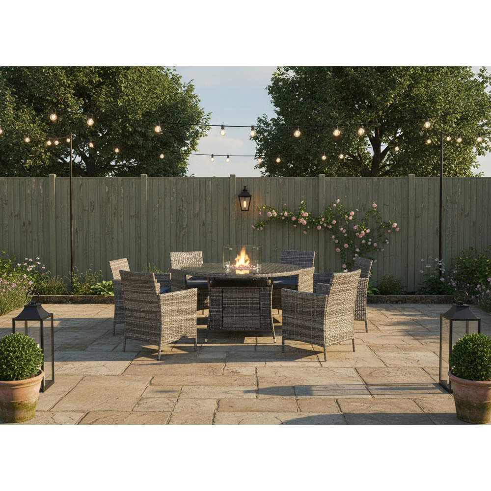 Outdoor Living 6 Seater Rattan Round Firepit Dining Set Image 9