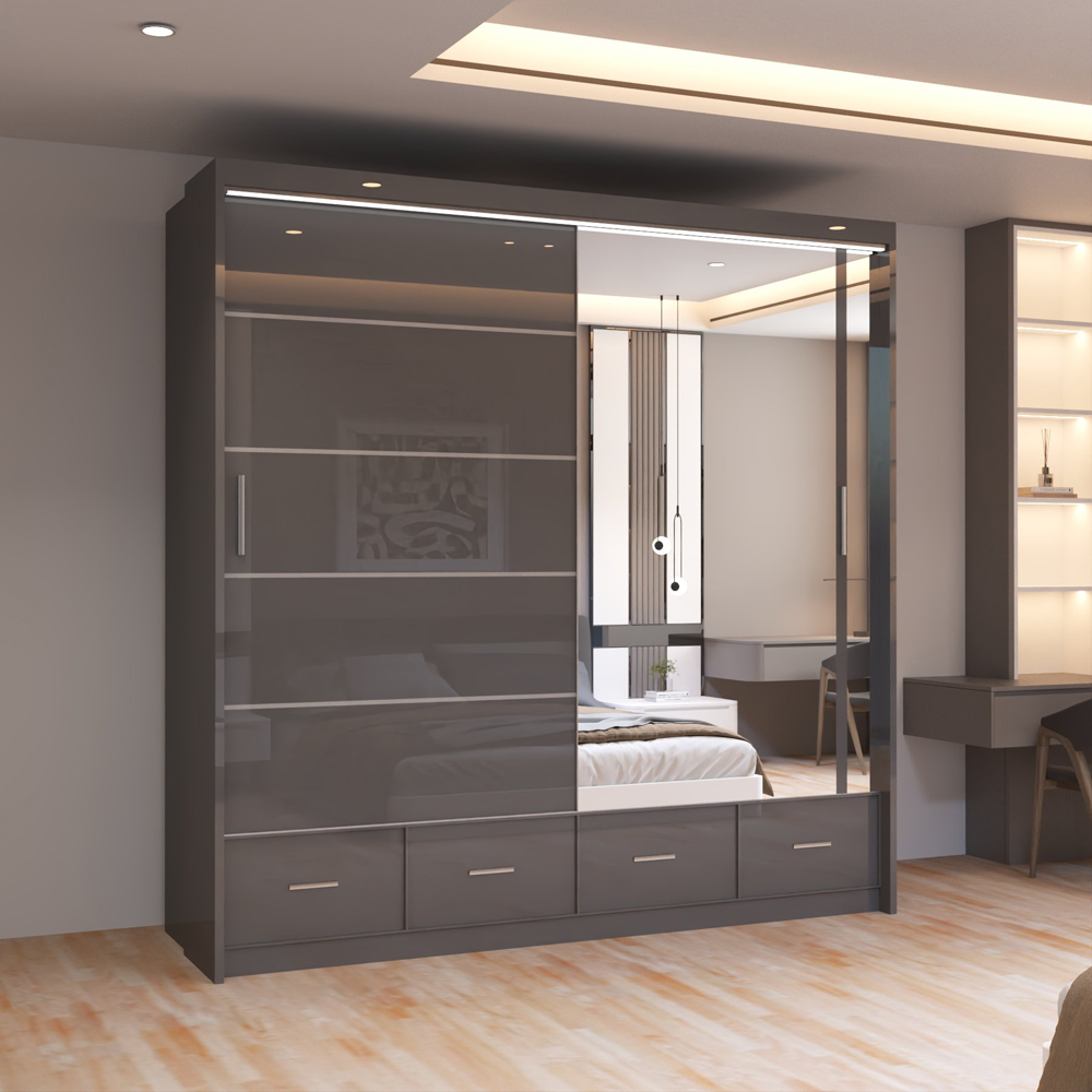 Sliding Wardrobes 4U 2 Sliding Door Grey Modern High Gloss Mirrored Wardrobe Image 3