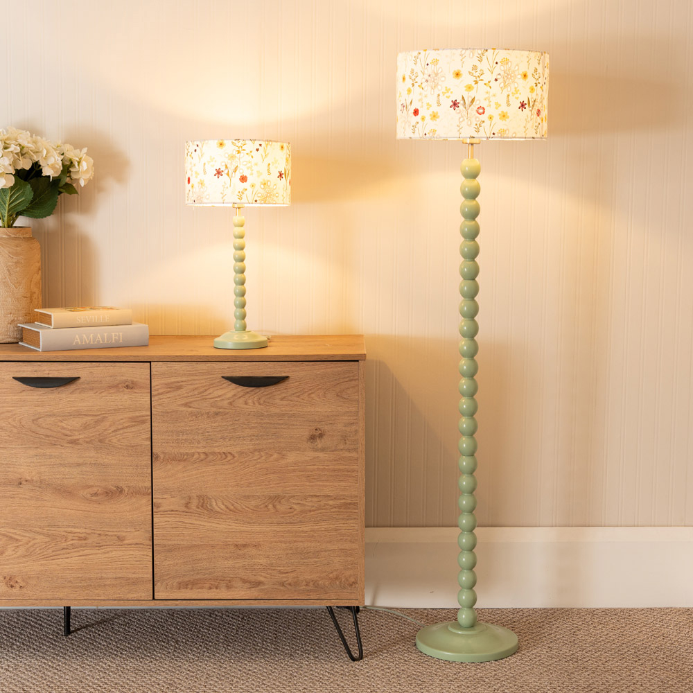 ValueLights Bobbins Floral Embroidered Drum Shade Sage Green LED Floor Lamp Image 3