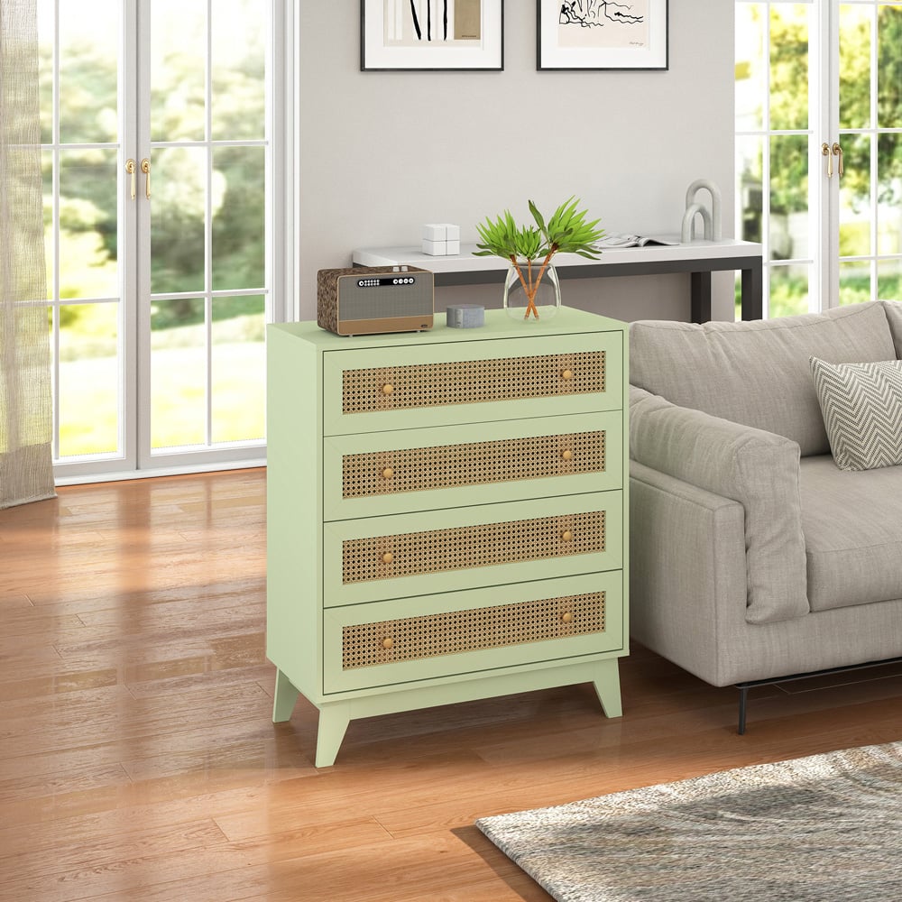 HOMCOM 4 Drawer Light Green Rattan Chest of Drawers Image 5