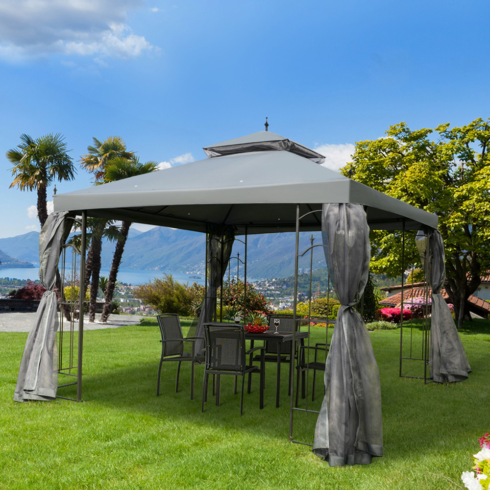 Outsunny 3 x 3m 2-Tier Grey Gazebo with Mesh Curtains Image 1