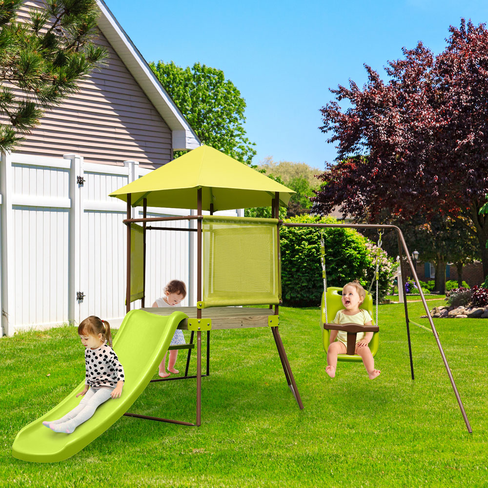 Costway 4 in 1 Green Height Adjustable Baby Seat Swing Set with Metal Stand and Ground Stakes Image 2