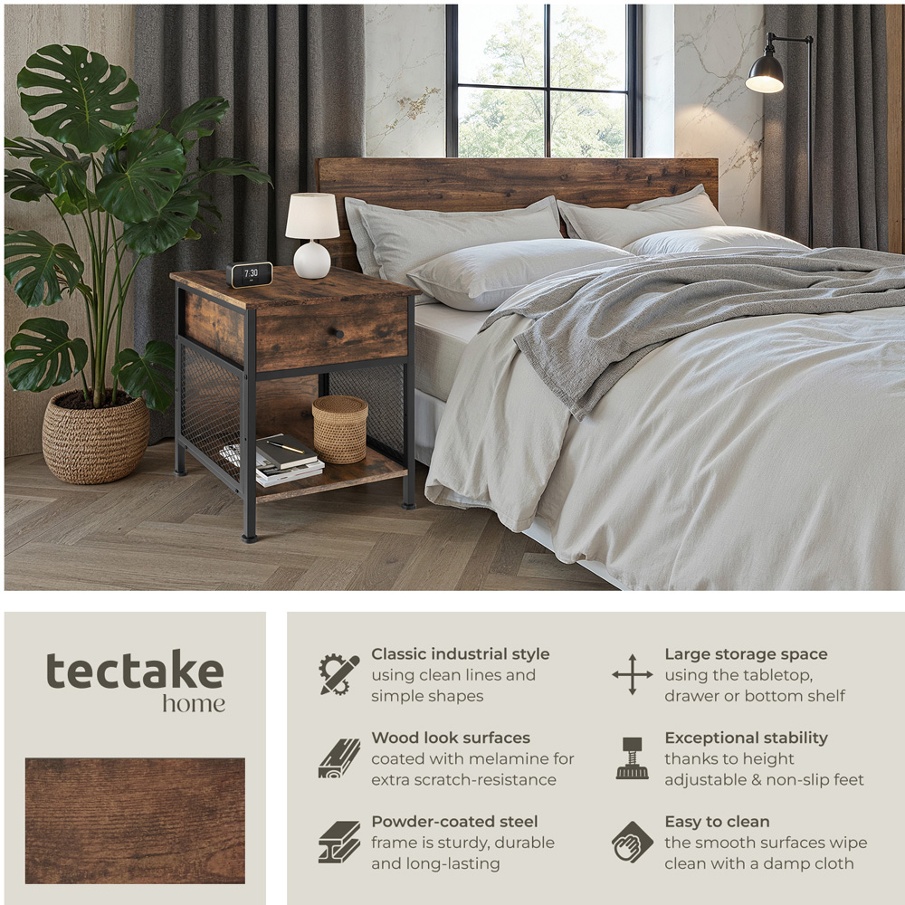 tectake Killarney Single Drawer Dark Industrial Wood Rustic Bedside Table Image 3