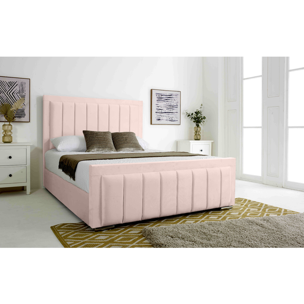 Eleganza Stylus Small Double Pink Plush Velvet Bed Frame with Lined Headboard and Footboard Image 6