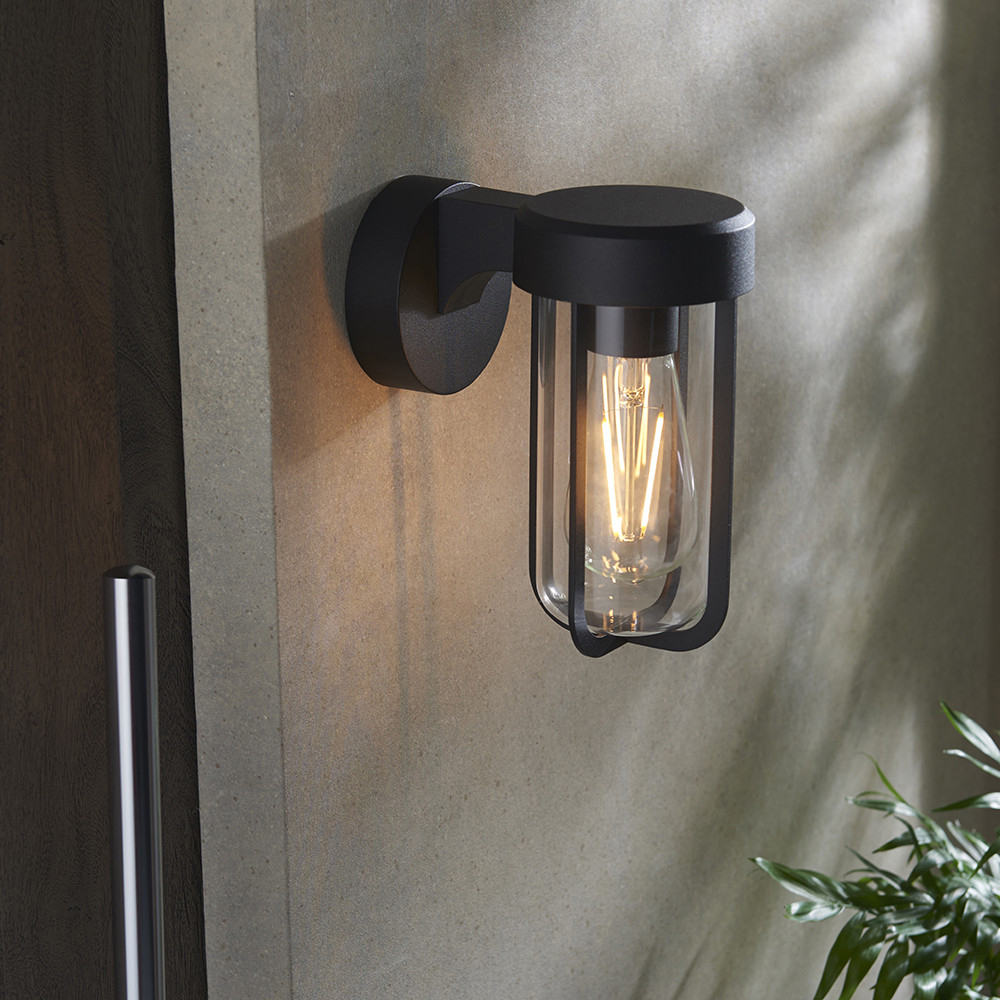 Merano Benevento Clear Glass Shade Matt Black Outdoor Wall Lamp Image 2