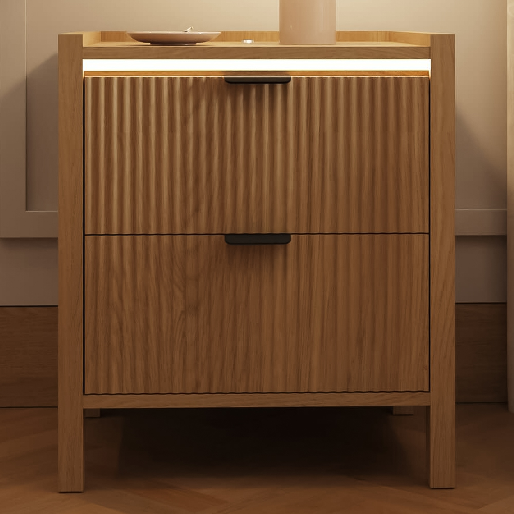 GFW Zion 2 Drawer Oak Ribbed Bedside Table with Ambient LED Image 1