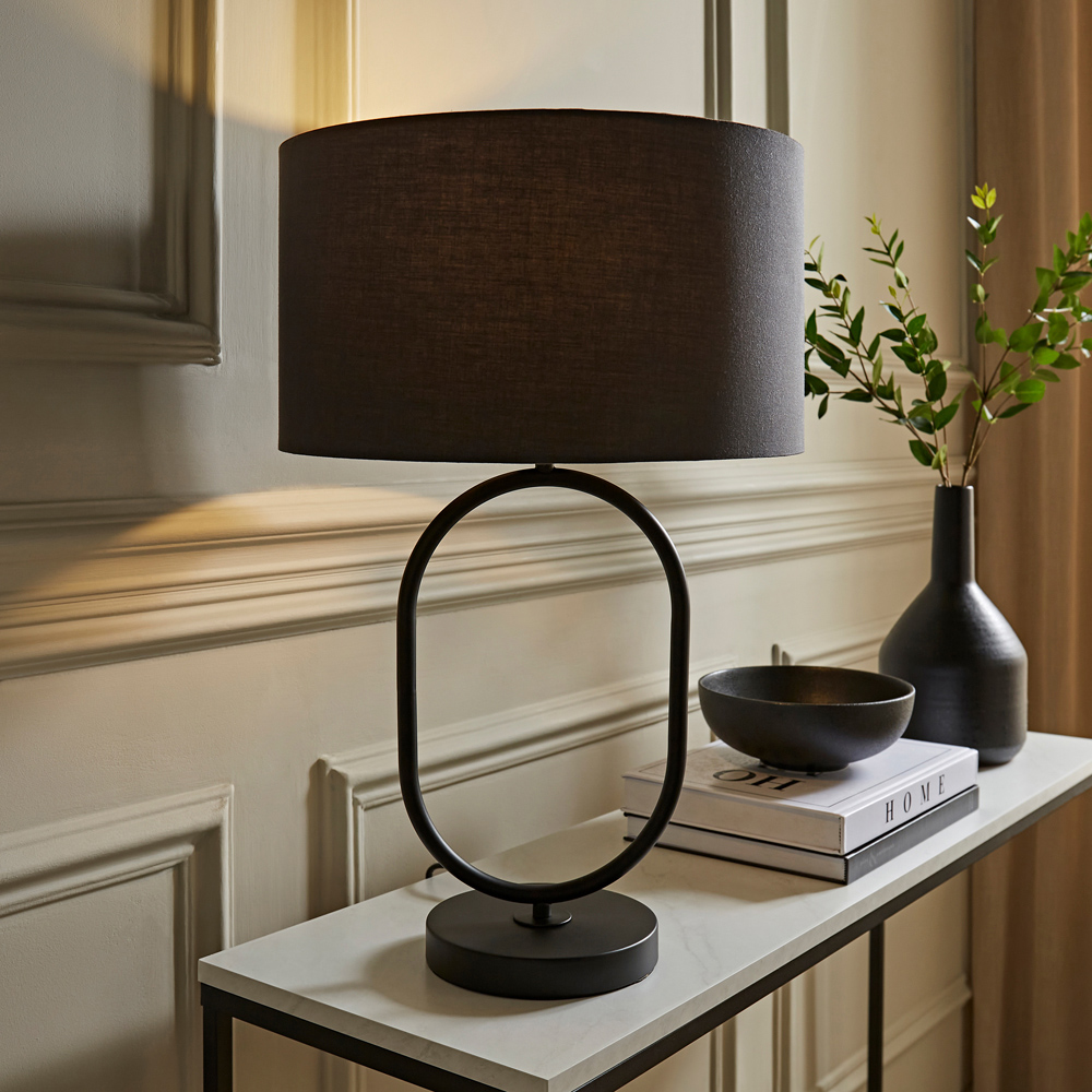 ValueLights Antonia Charcoal Fabric Drum Shade Matte Black Oval LED Table Lamp Image 2