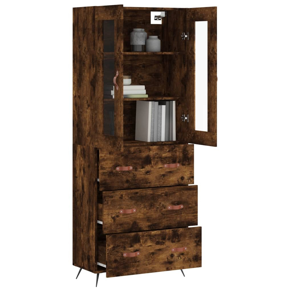 vidaXL 2 Glass Door 3 Drawer Smoked Oak Highboard Image 3