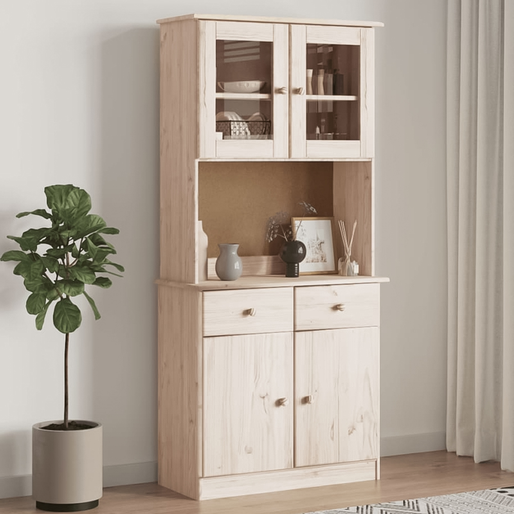 vidaXL Alta 2 Glass Door 4 Shelf Natural Solid Wood Pine Dresser Top Image 1