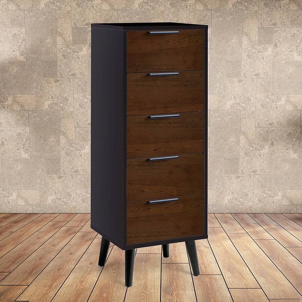 Julian Bowen Alba 5 Drawer Walnut Oak and Matt Black Narrow Chest of Drawers Image 1