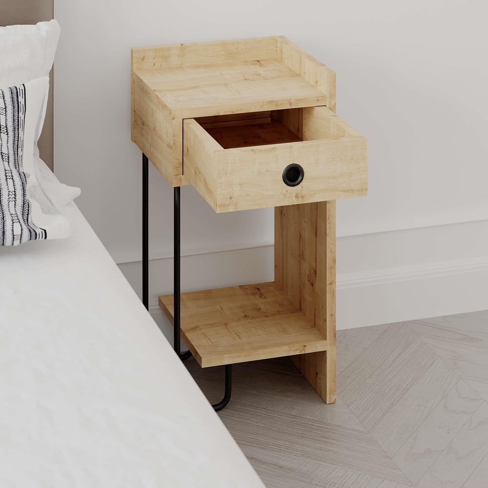 Decortie Sirius Single Drawer Single Shelf Oak Bedside Table Image 6