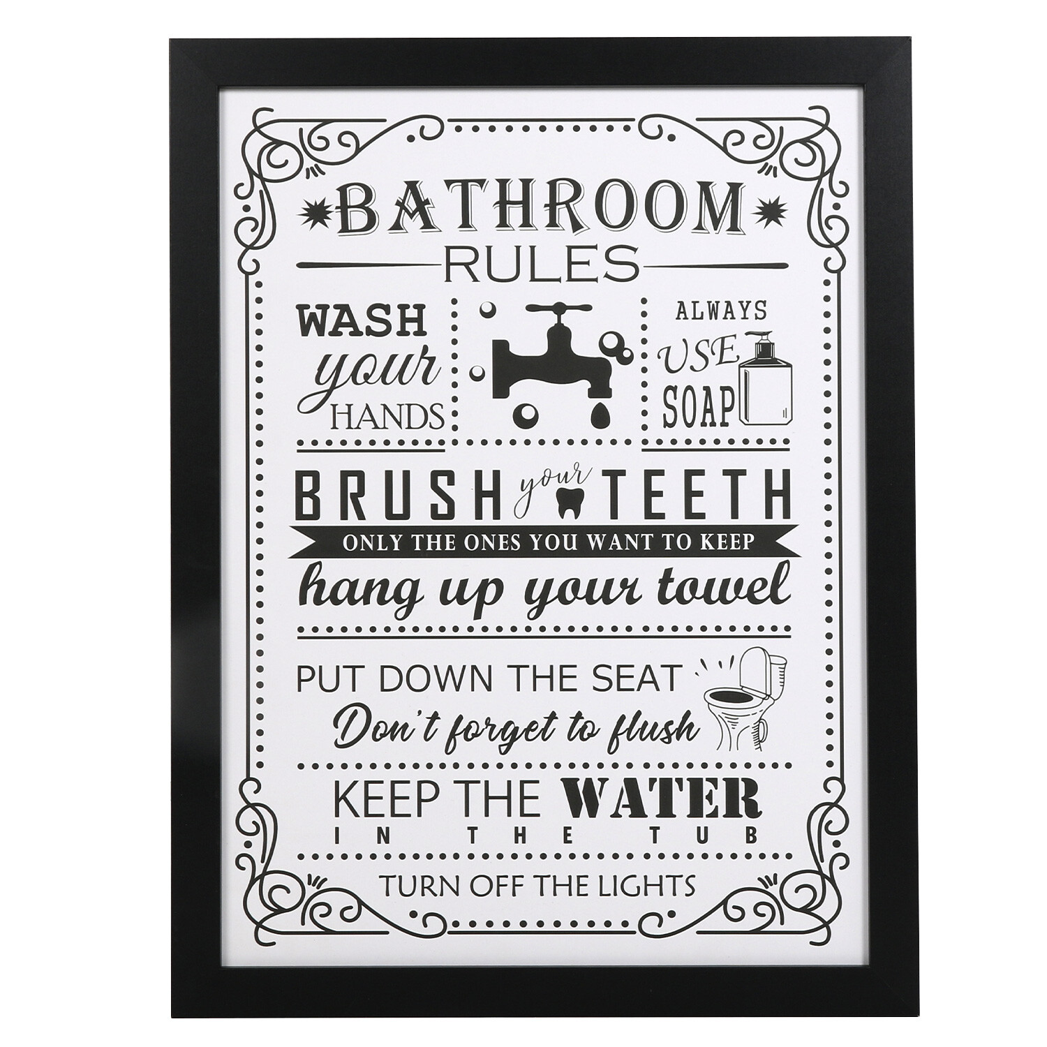 Framed Monochrome Bathroom Rules Wall Art 50 x 38cm Image