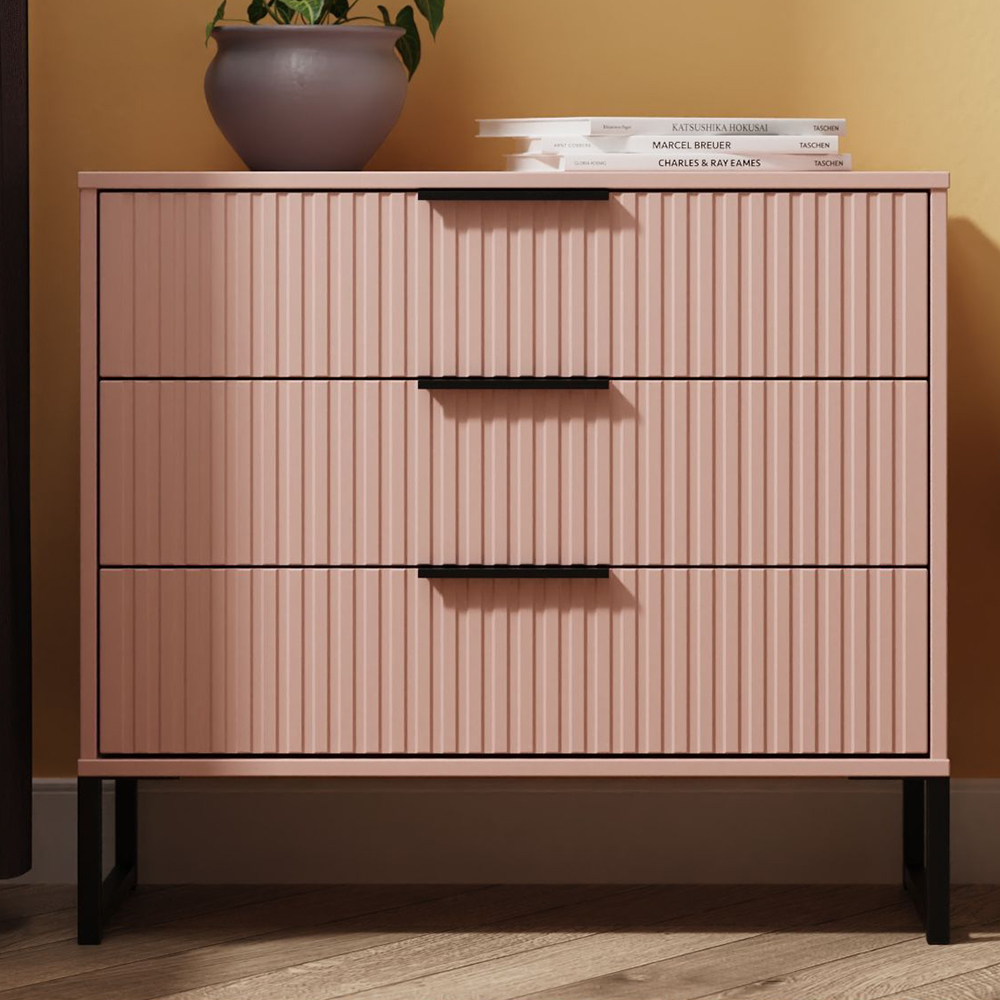 Crowndale Fluted 3 Drawer Kobe Pink Chest of Drawers Ready Assembled Image 1