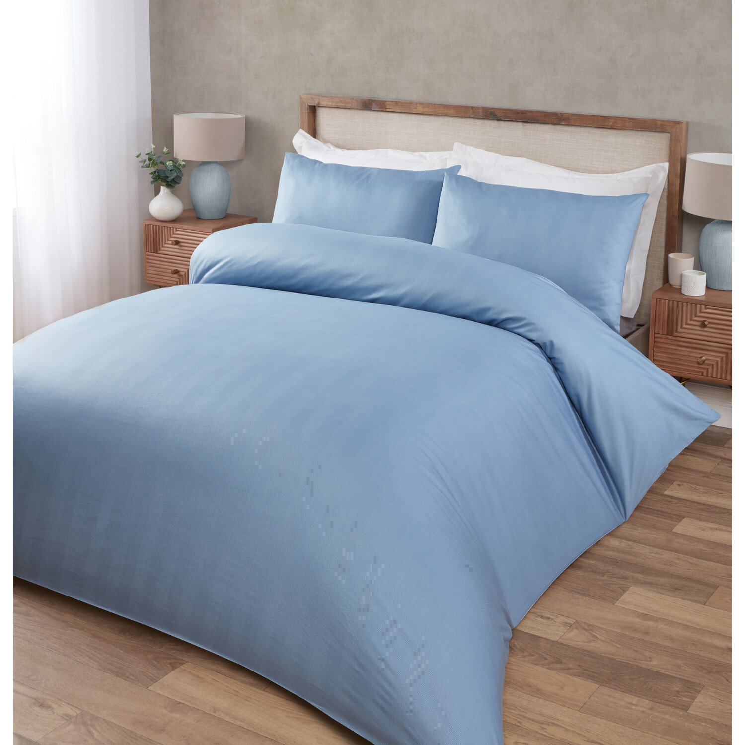 Hampstead Herringbone Stripe Duvet Cover and Pillowcase Set - Blue / Double Image 2