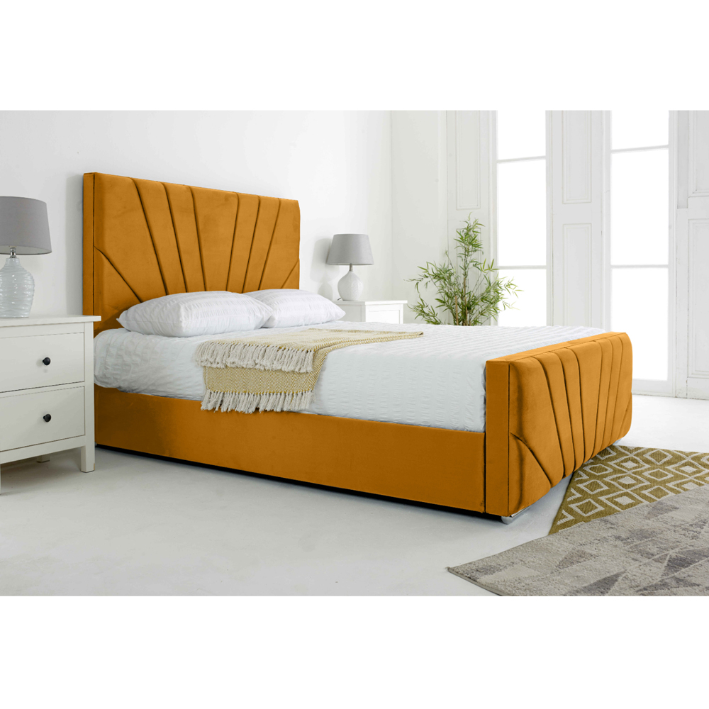 Eleganza Scarlett Small Double Mustard Plush Velvet Bed Frame with Headboard and Footboard Image 3