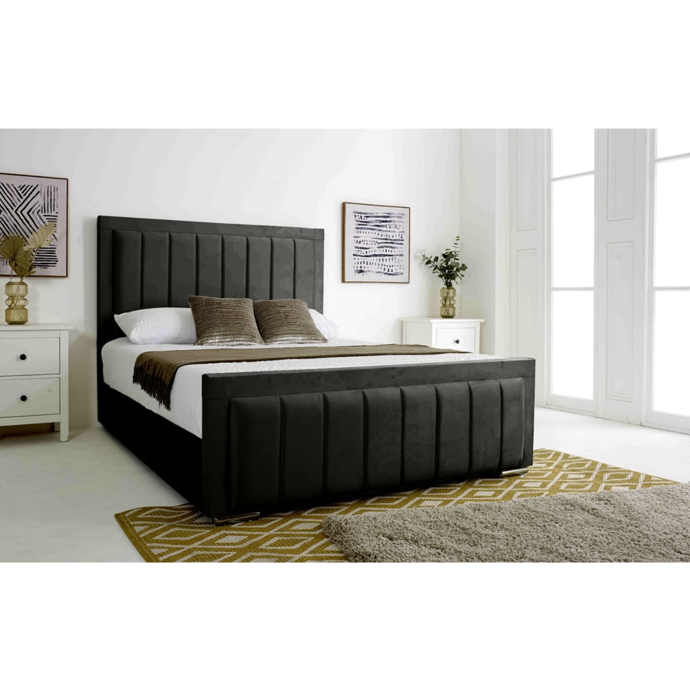 Eleganza Stylus King Size Black Plush Velvet Bed Frame with Lined Headboard and Footboard Image 4