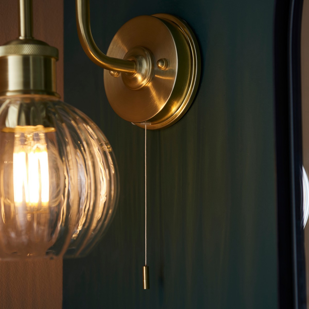 Merano Marsala Ribbed Glass Satin Brass Plate Bathroom Wall Light Image 6