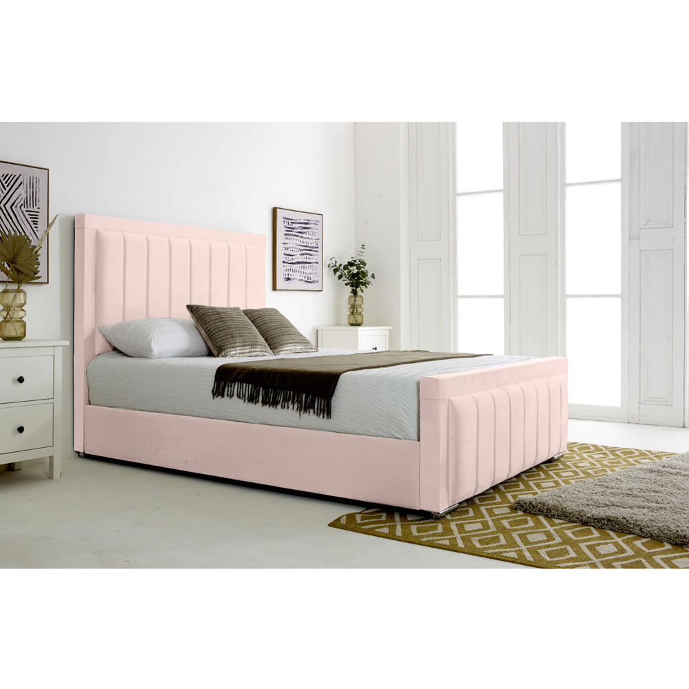 Eleganza Stylus King Size Pink Plush Velvet Bed Frame with Lined Headboard and Footboard Image 2