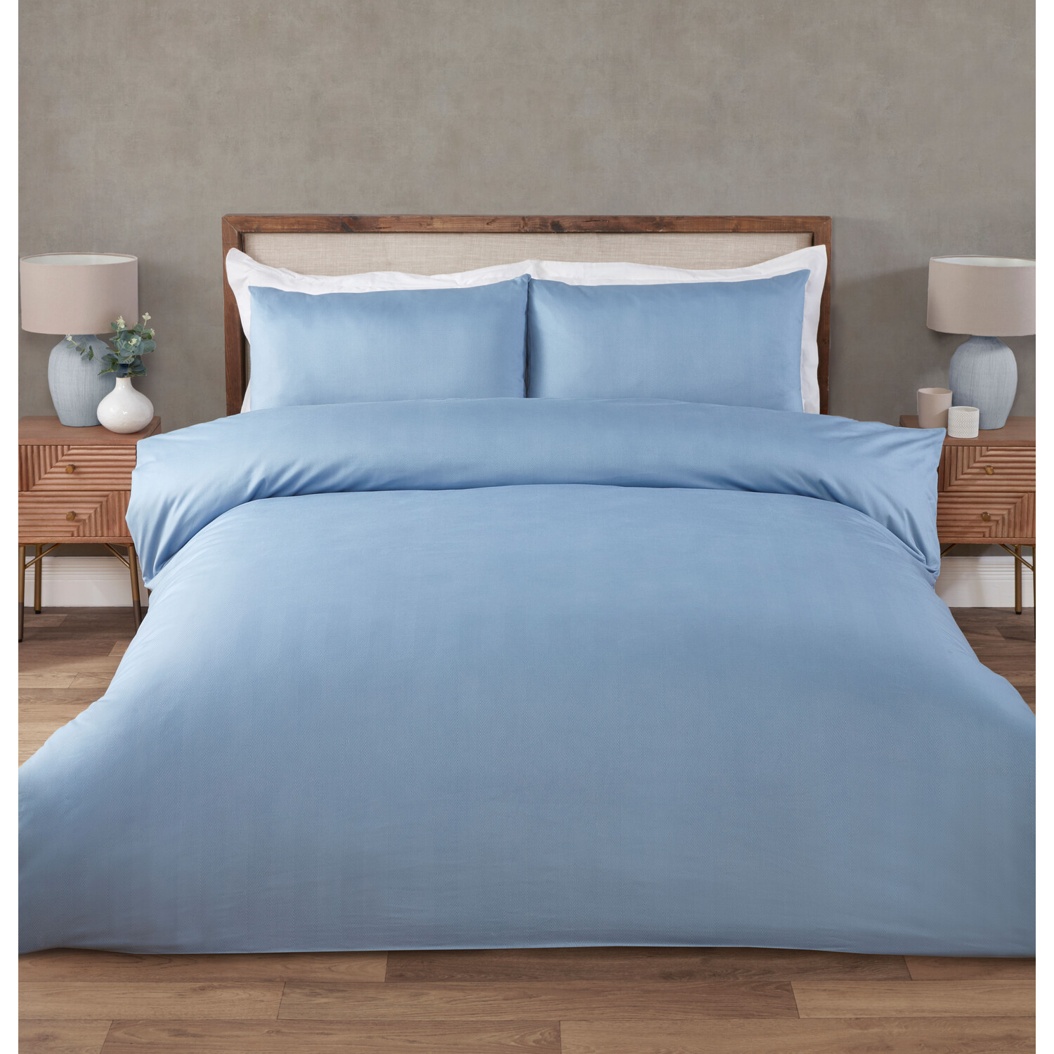 Hampstead Herringbone Stripe Duvet Cover and Pillowcase Set - Blue / Double Image 1