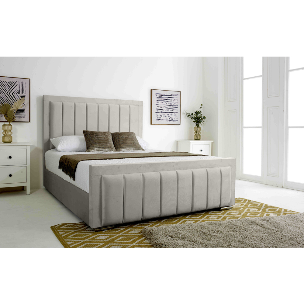 Eleganza Stylus Double Silver Plush Velvet Bed Frame with Lined Headboard and Footboard Image 5