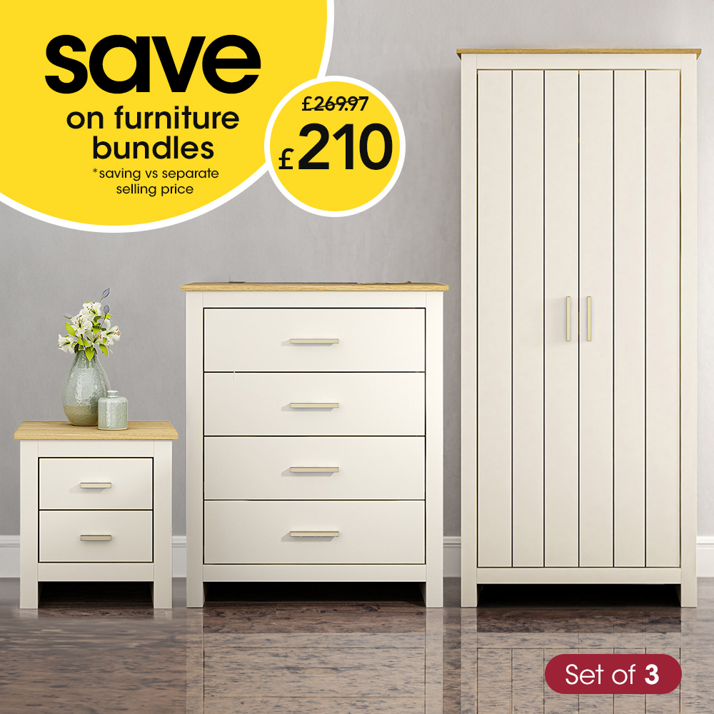 Lexington Cream Wardrobe, Bedside Table & 4 Drawer Gold Handles Chest Set Image 1