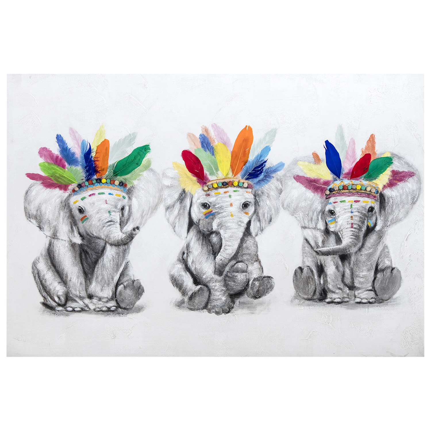 Hand Painted Elephants Pom Pom Canvas 70 x 100cm Image 1