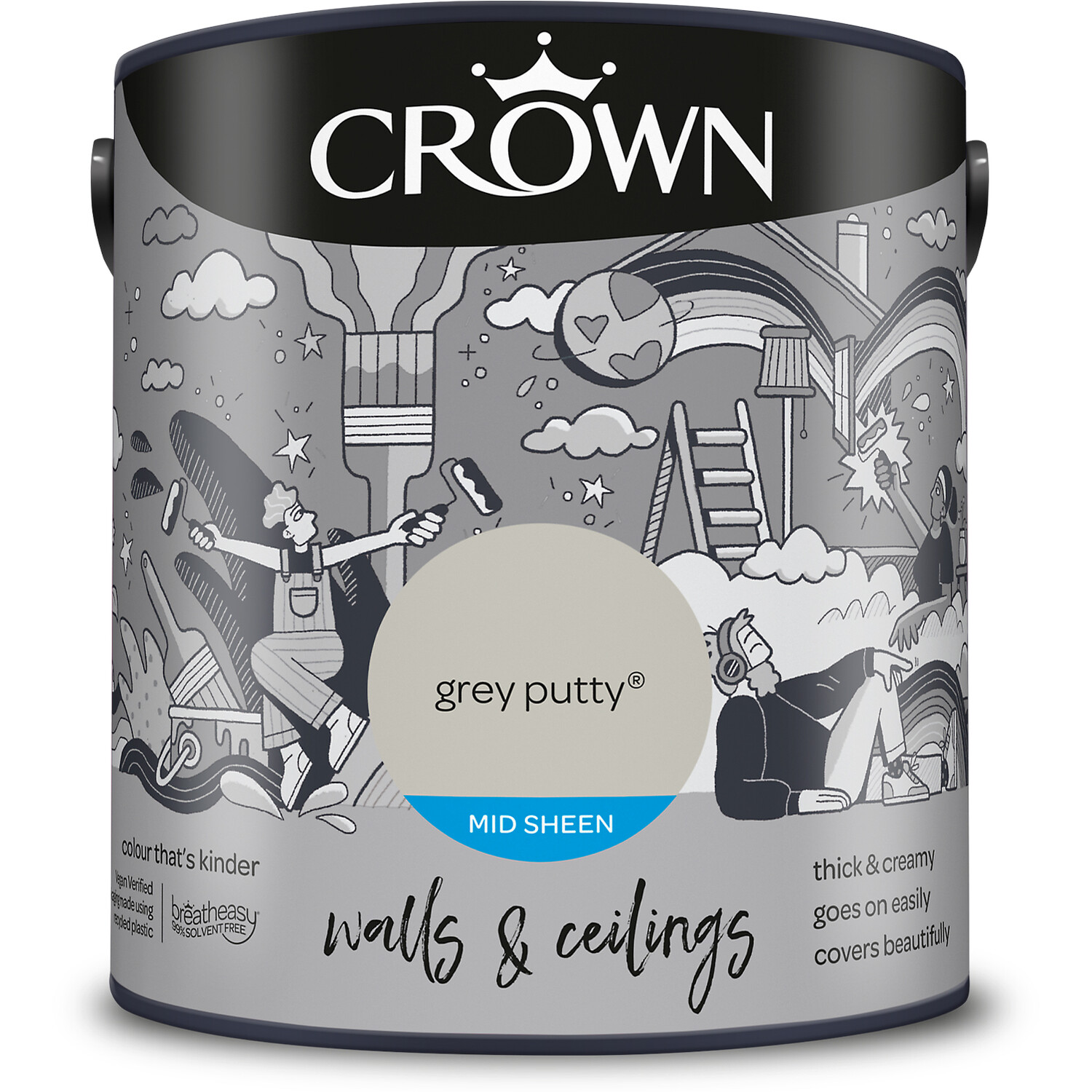 Crown Walls & Ceilings Grey Putty Mid Sheen Emulsion Paint 2.5L Image 2