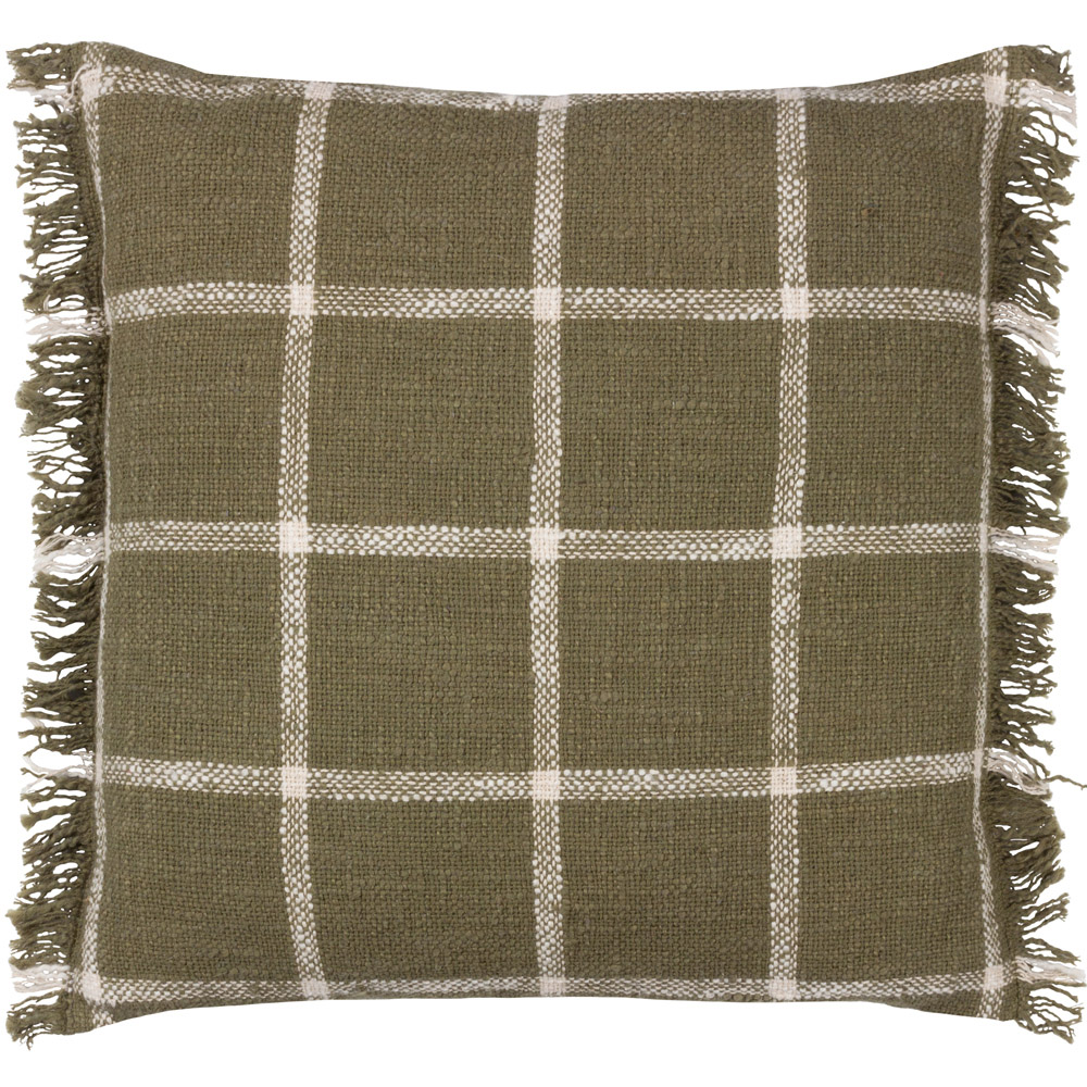 Yard Beni Moss and Natural Check Fringed Cushion Image 1