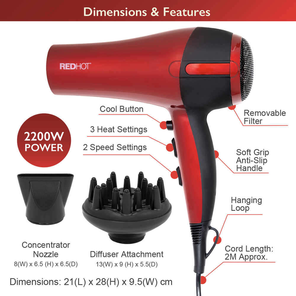 Red Hot Red Professional Hair Dryer with Diffuser Image 8