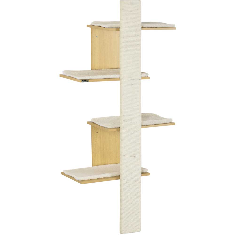 PawHut Four-Layer Cat Shelf Wall-Mounted Cat Tree w/ Cushions, Scratching Board Image 1