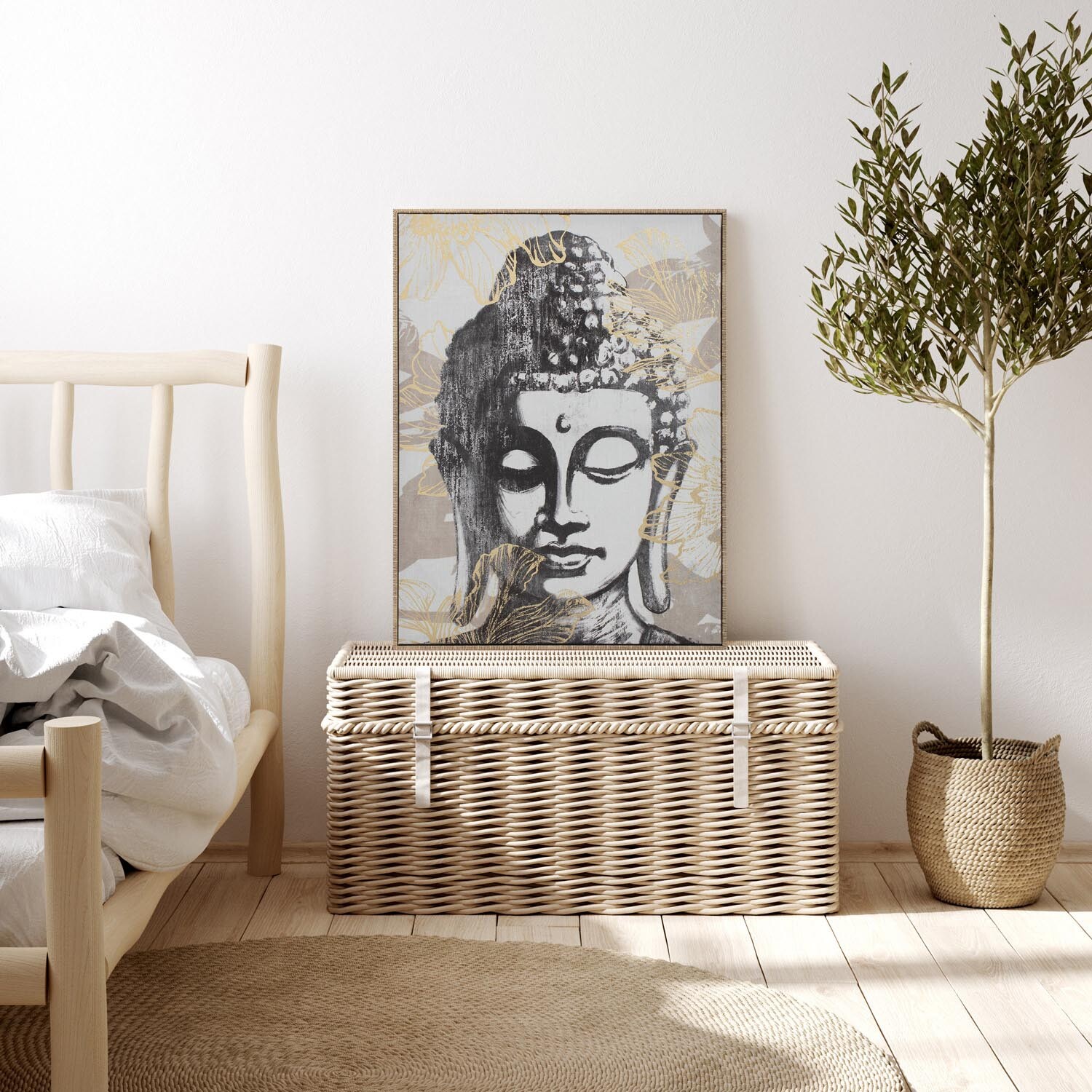 Gold Foiled Buddha Framed Canvas - Black and White Image 2