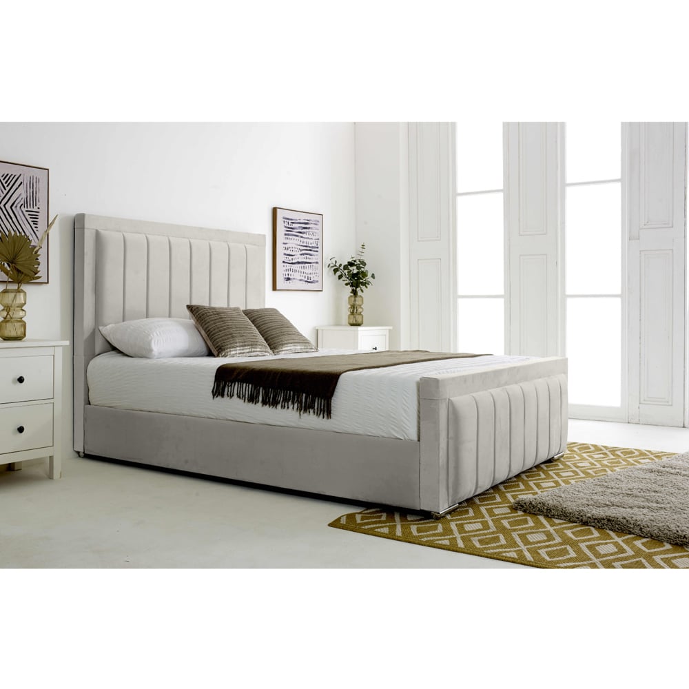 Eleganza Stylus Double Silver Plush Velvet Bed Frame with Lined Headboard and Footboard Image 2