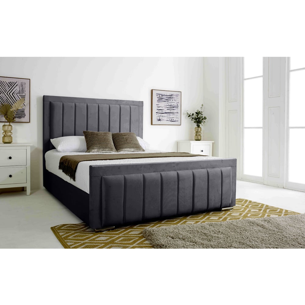 Eleganza Stylus King Size Steel Plush Velvet Bed Frame with Lined Headboard and Footboard Image 6