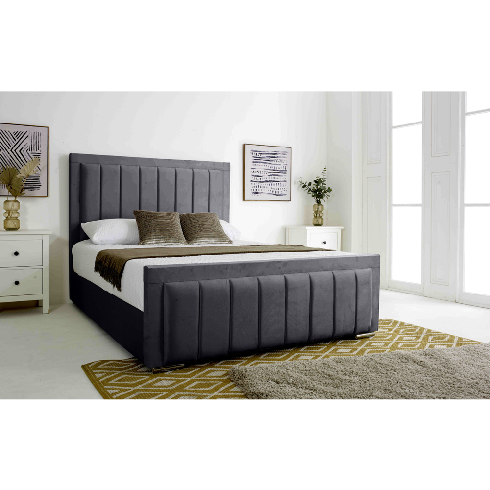 Eleganza Stylus King Size Steel Plush Velvet Bed Frame with Lined Headboard and Footboard Image 4