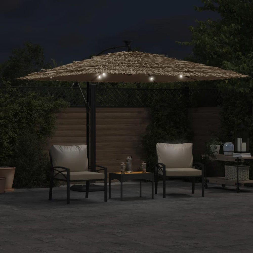 vidaXL Brown LED Light Straw Top Cantilever Parasol with Steel Pole 2.9m Image 2