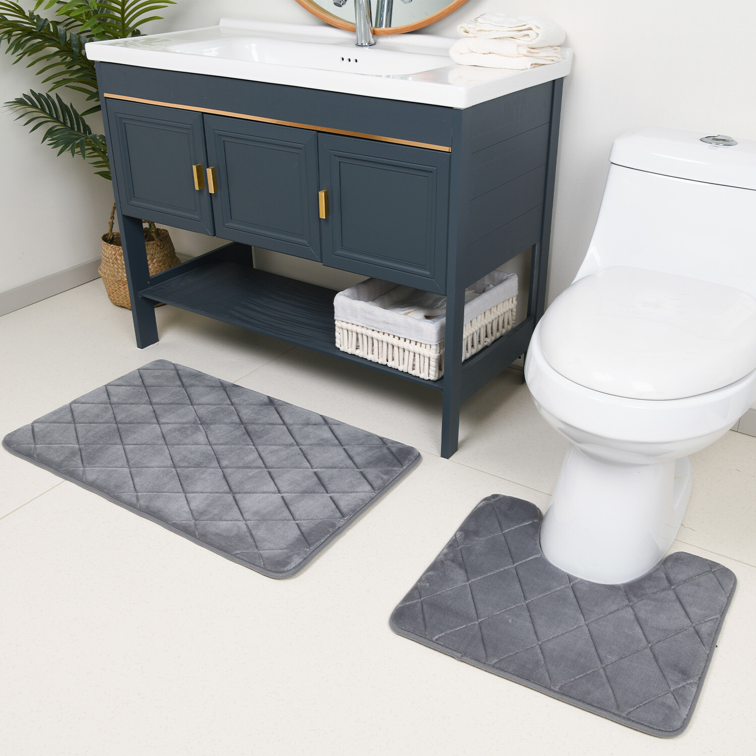 Diamond Bath and Pedestal Mat Set - Grey Image 2