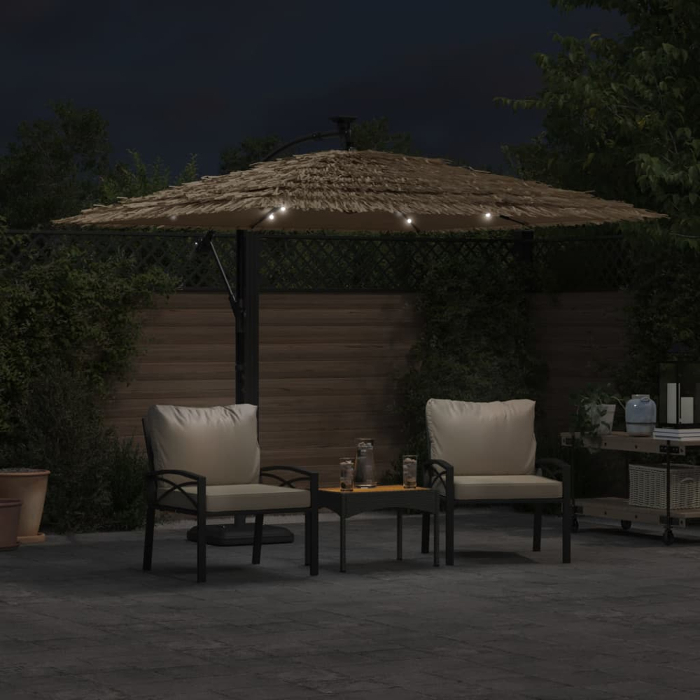 vidaXL Brown LED Light Straw Top Cantilever Parasol with Steel Pole 2.4m Image 2