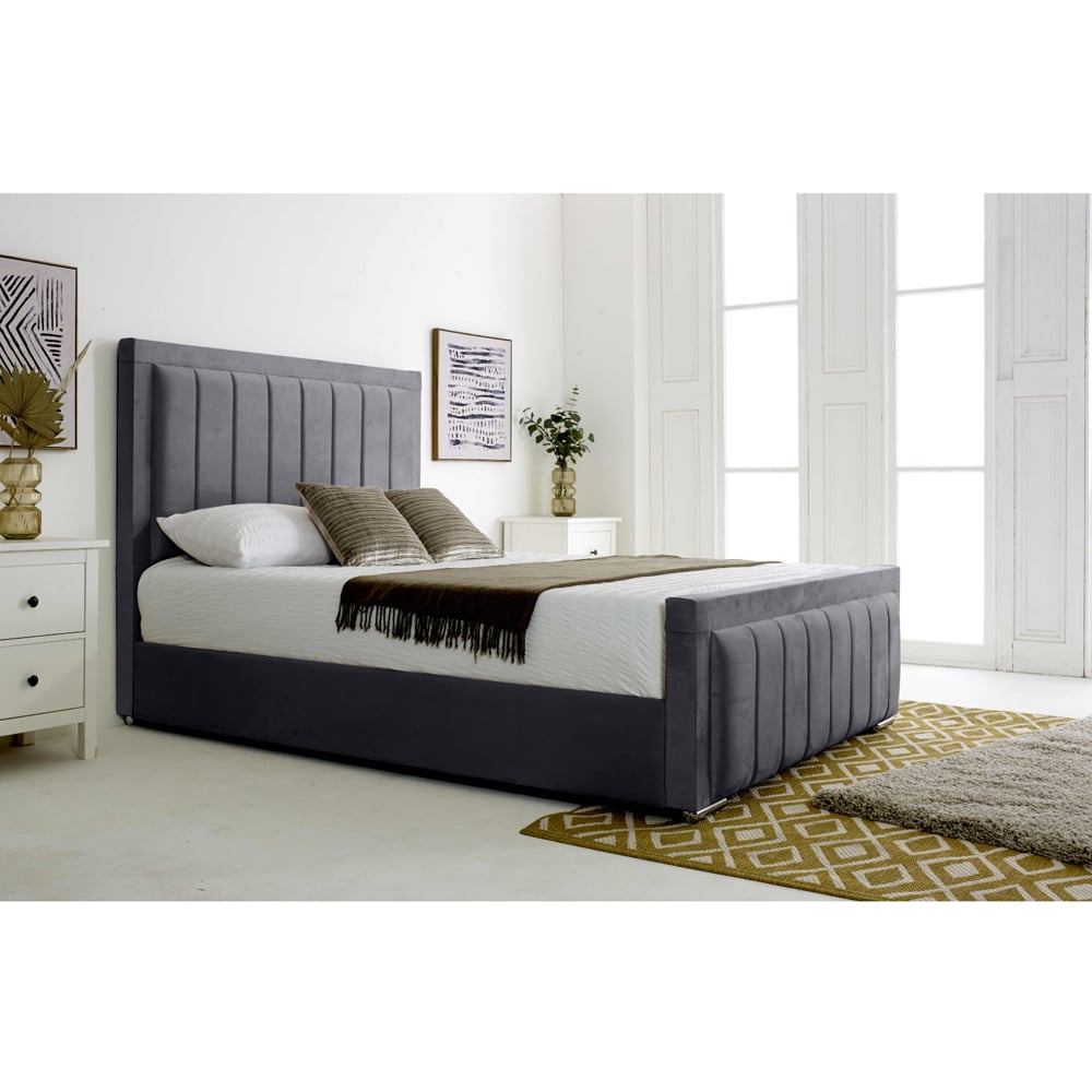 Eleganza Stylus Single Steel Plush Velvet Bed Frame with Lined Headboard and Footboard Image 3