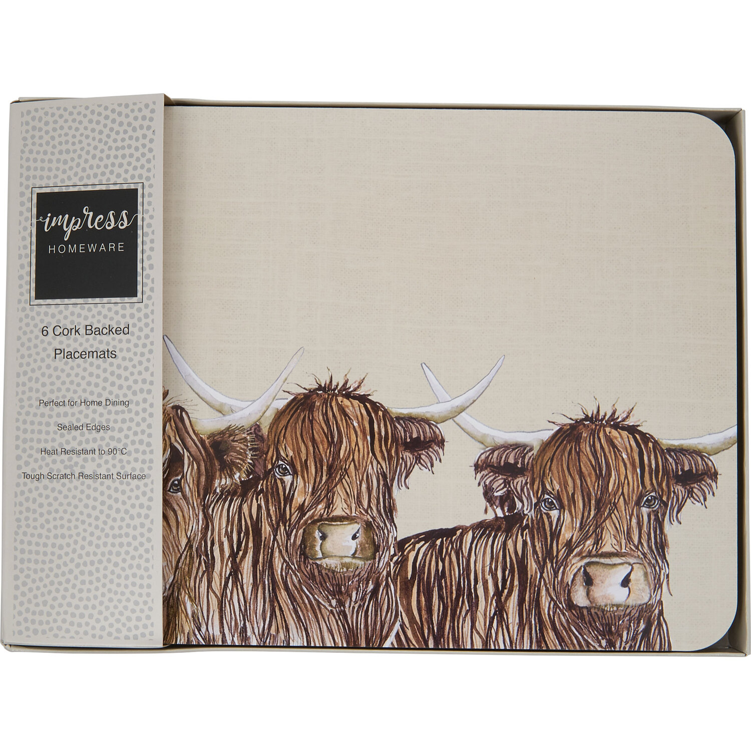 Impress 6 Pack Cream Highland Cow Placemat Image 1