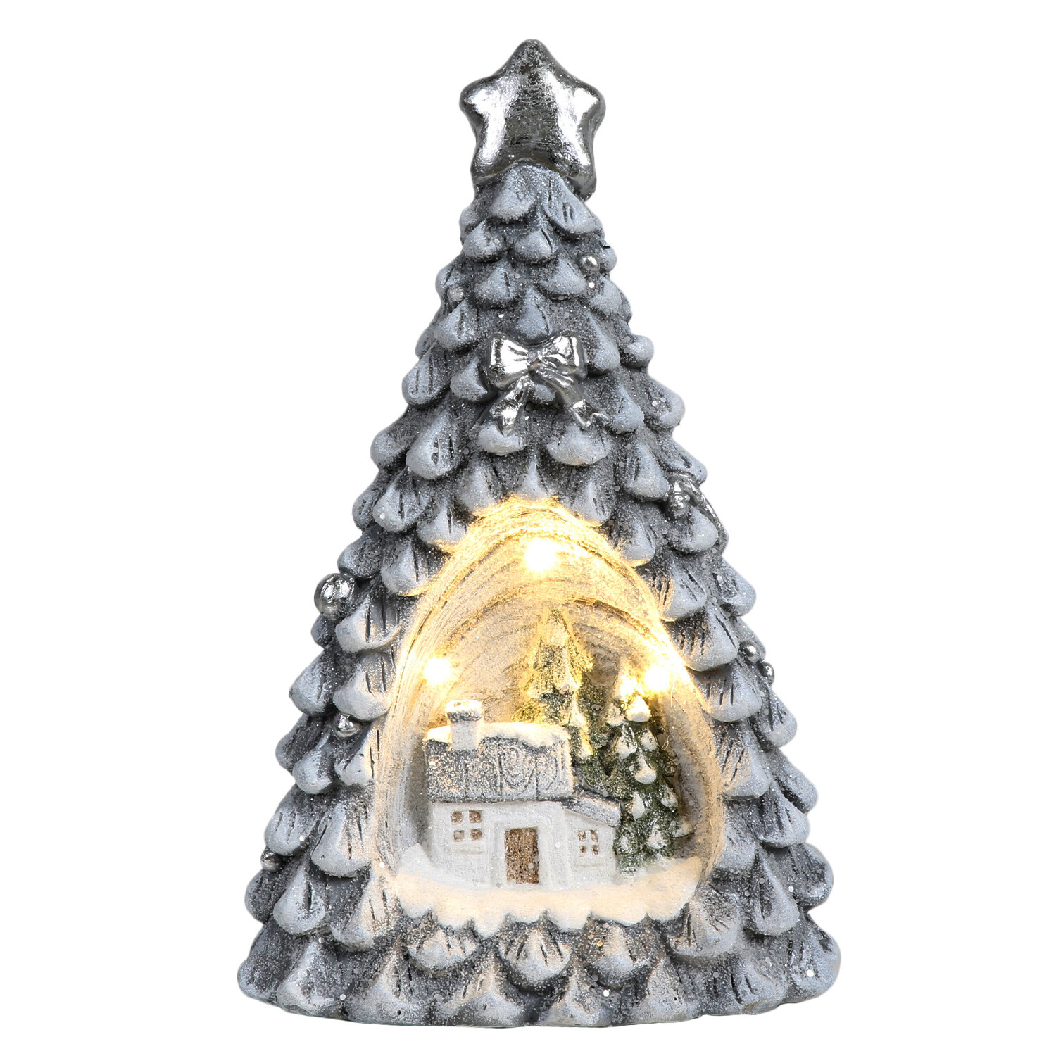 Silver LED Frosted Tree & House Ornament Image 1