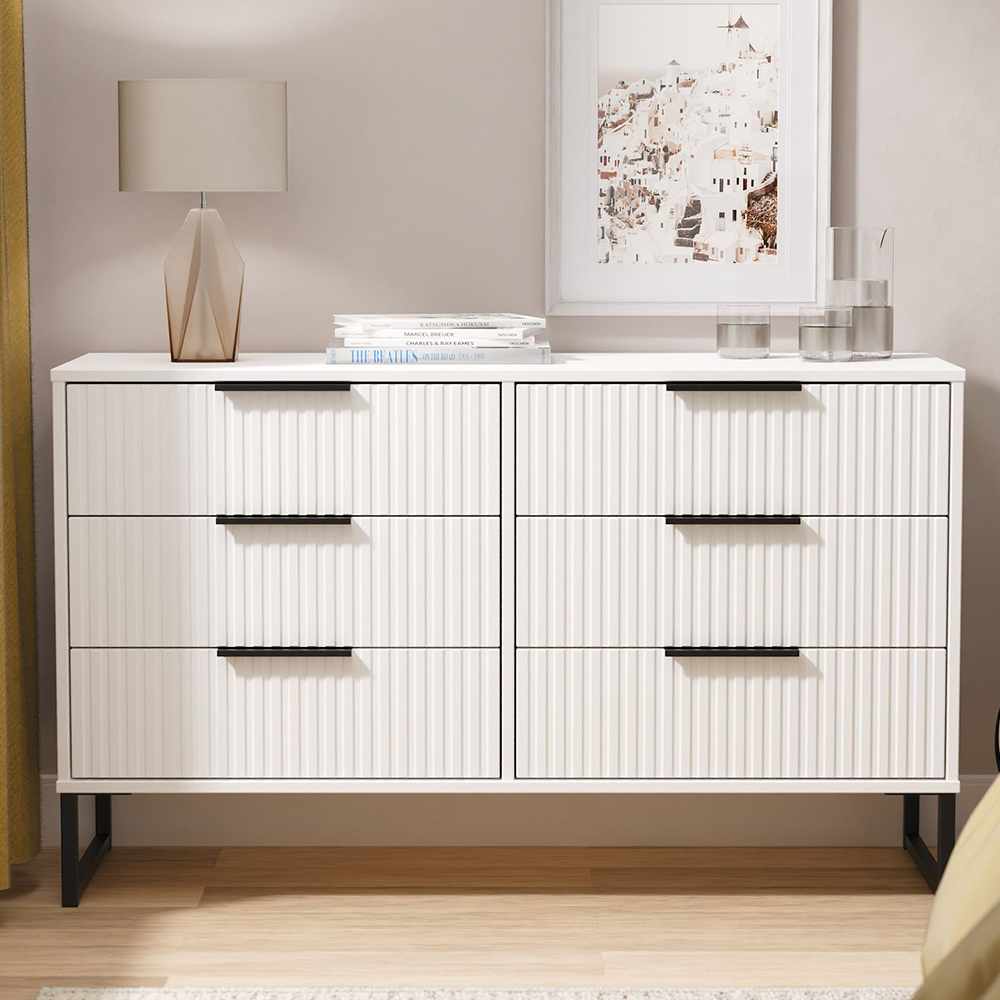 Crowndale Fluted 6 Drawer White Matt Wide Chest of Drawers Ready Assembled Image 1