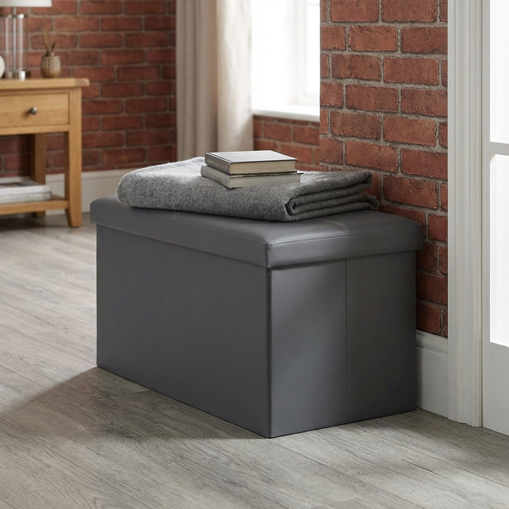 Seville Grey Leather Storage Trunk Image 6