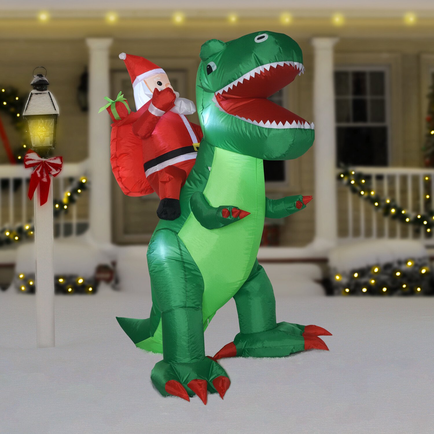 Inflatable Dinosaur with Santa - Green Image 2