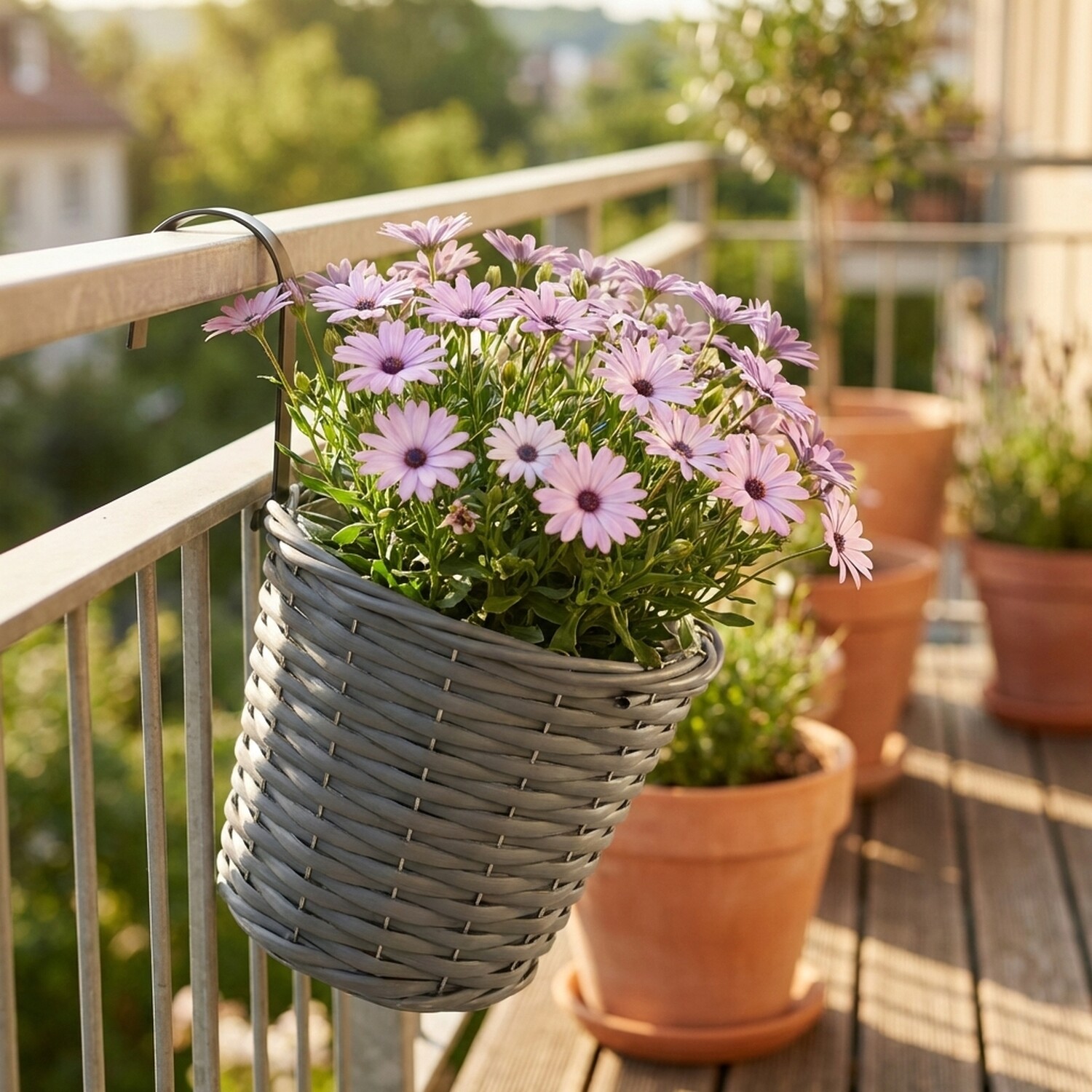 Faux Rattan Hanging Fence Pot Grey Image 4
