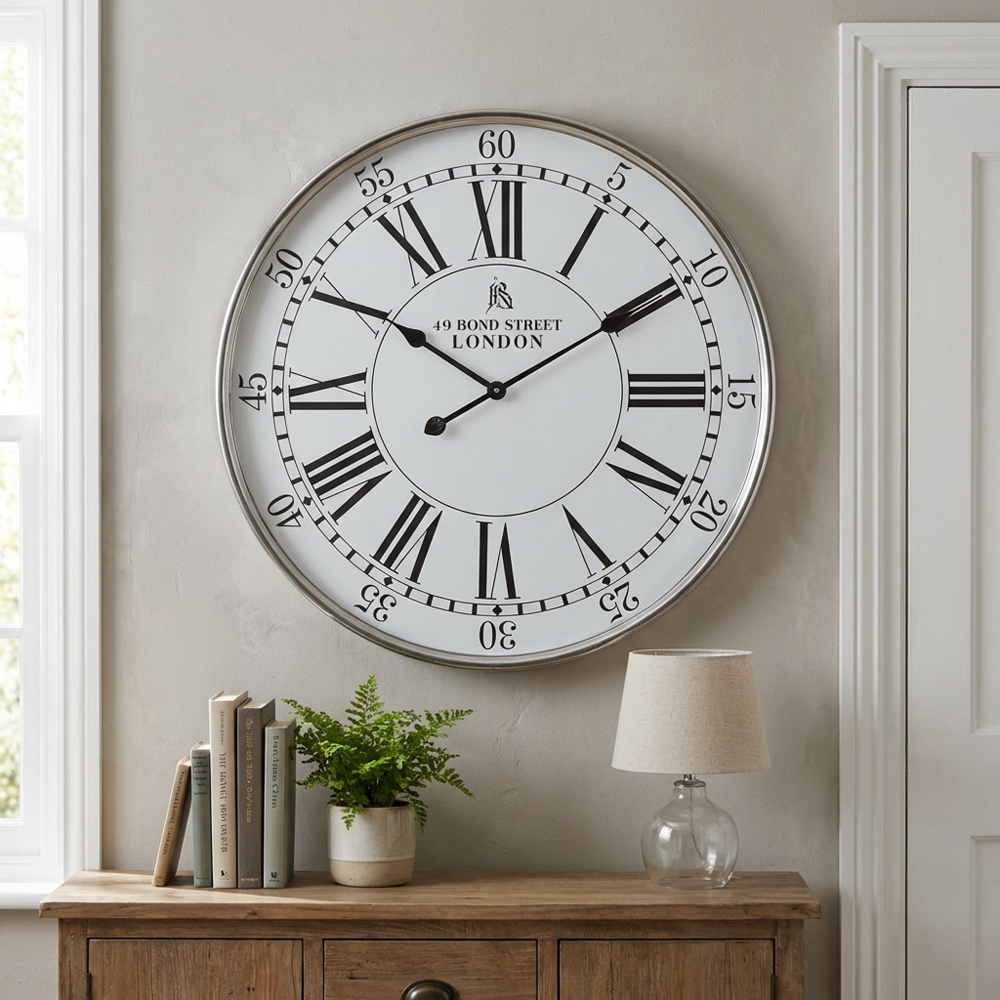 Silver 49 Bond Street London Round Wall Clock 68cm Image 2
