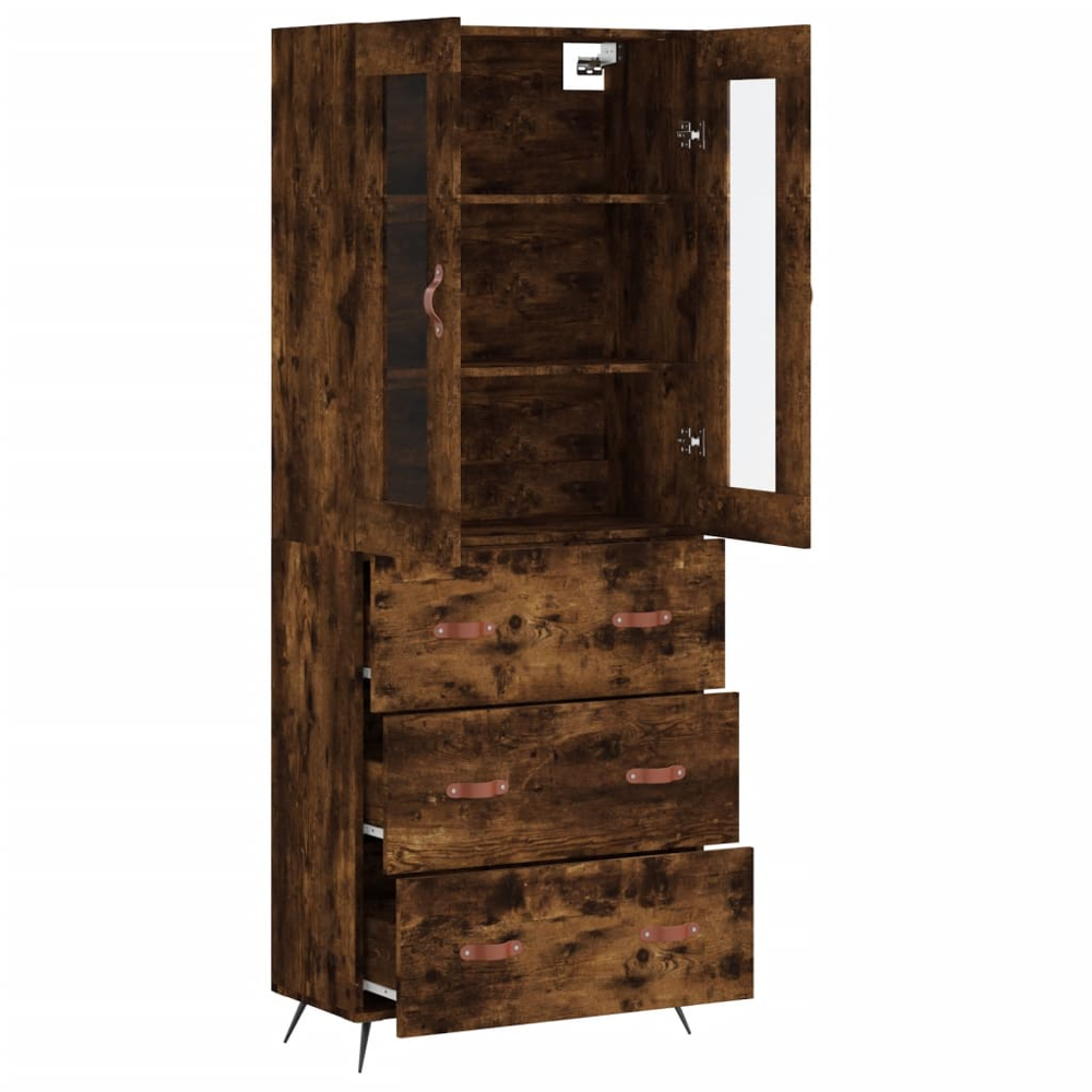 vidaXL 2 Glass Door 3 Drawer Smoked Oak Highboard Image 4